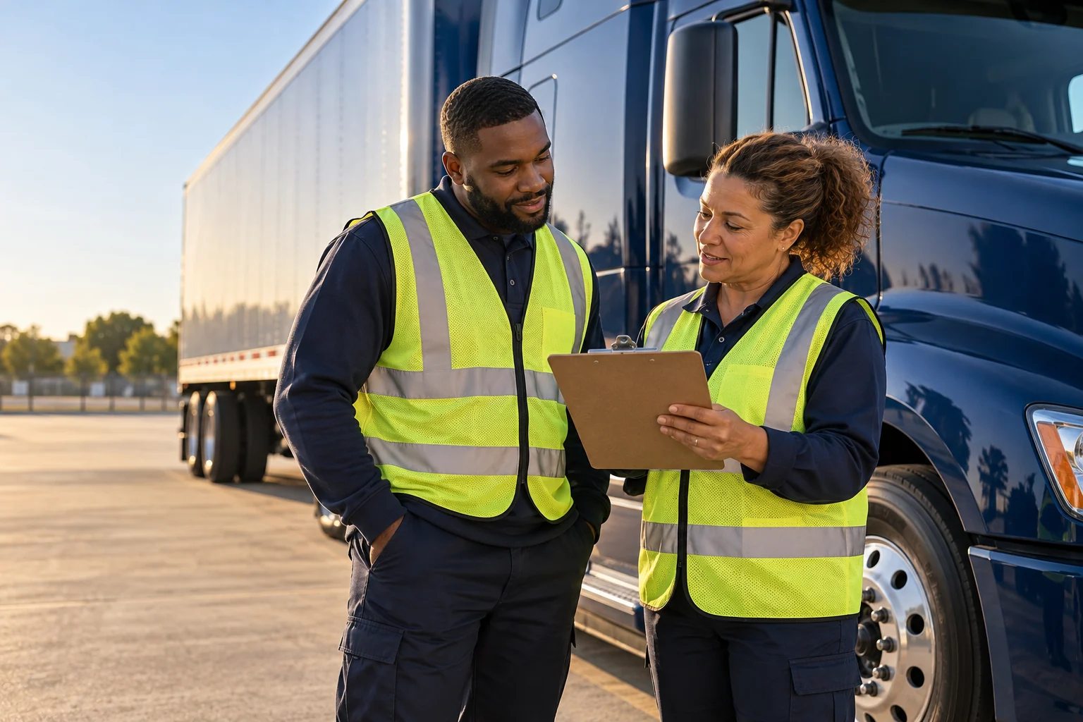 CDL instructor and adult learner reviewing a lesson beside a parked tractor-trailer in a training yard.