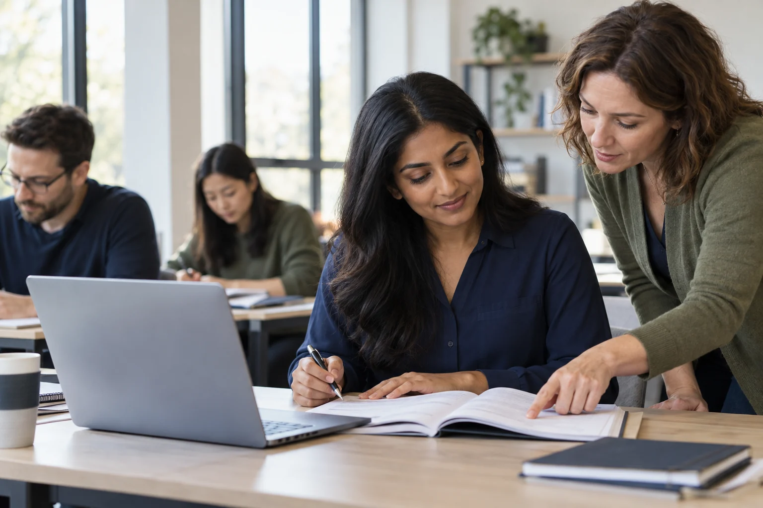 Professional certification candidates reviewing study materials with a trainer in a focused exam preparation workshop.