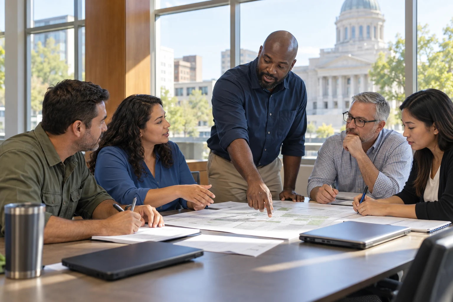 Municipal employees from different departments discussing a training exercise around a table in a civic meeting room.