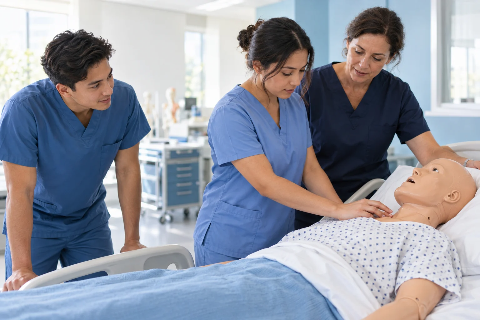 Allied-health students in blue scrubs practicing with an instructor and a training mannequin in a simulation lab.
