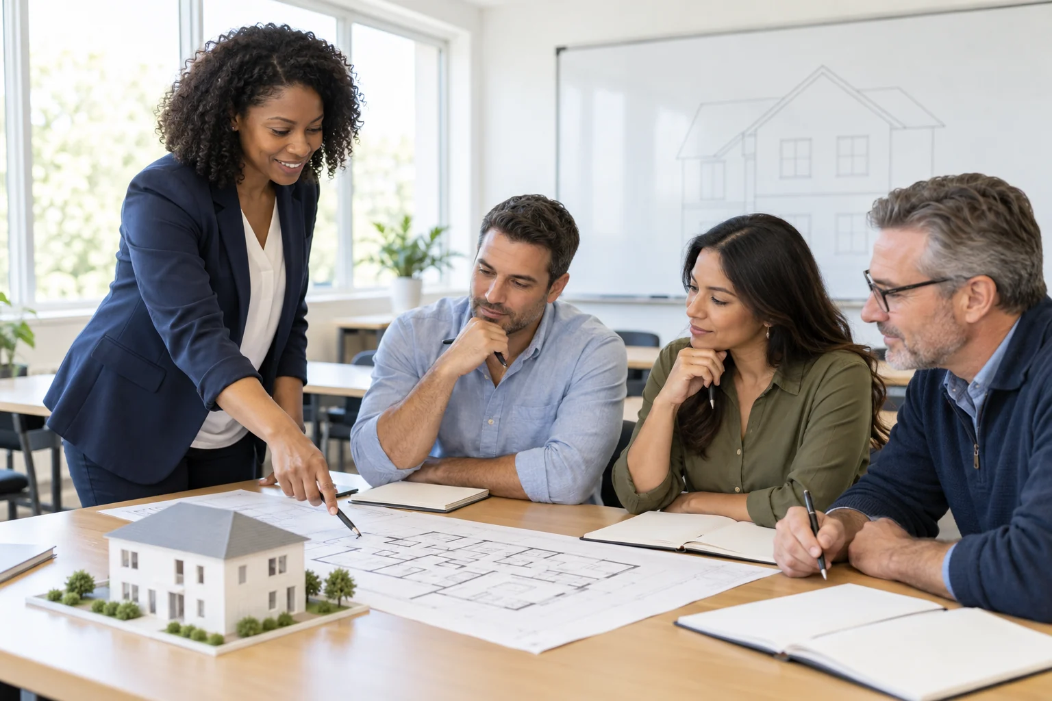 Adult real-estate students and an instructor reviewing floor plans around a table in a bright training classroom.
