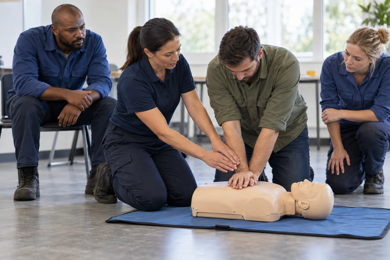 A workplace safety instructor guiding adult learners through CPR practice with a training mannequin in a classroom.
