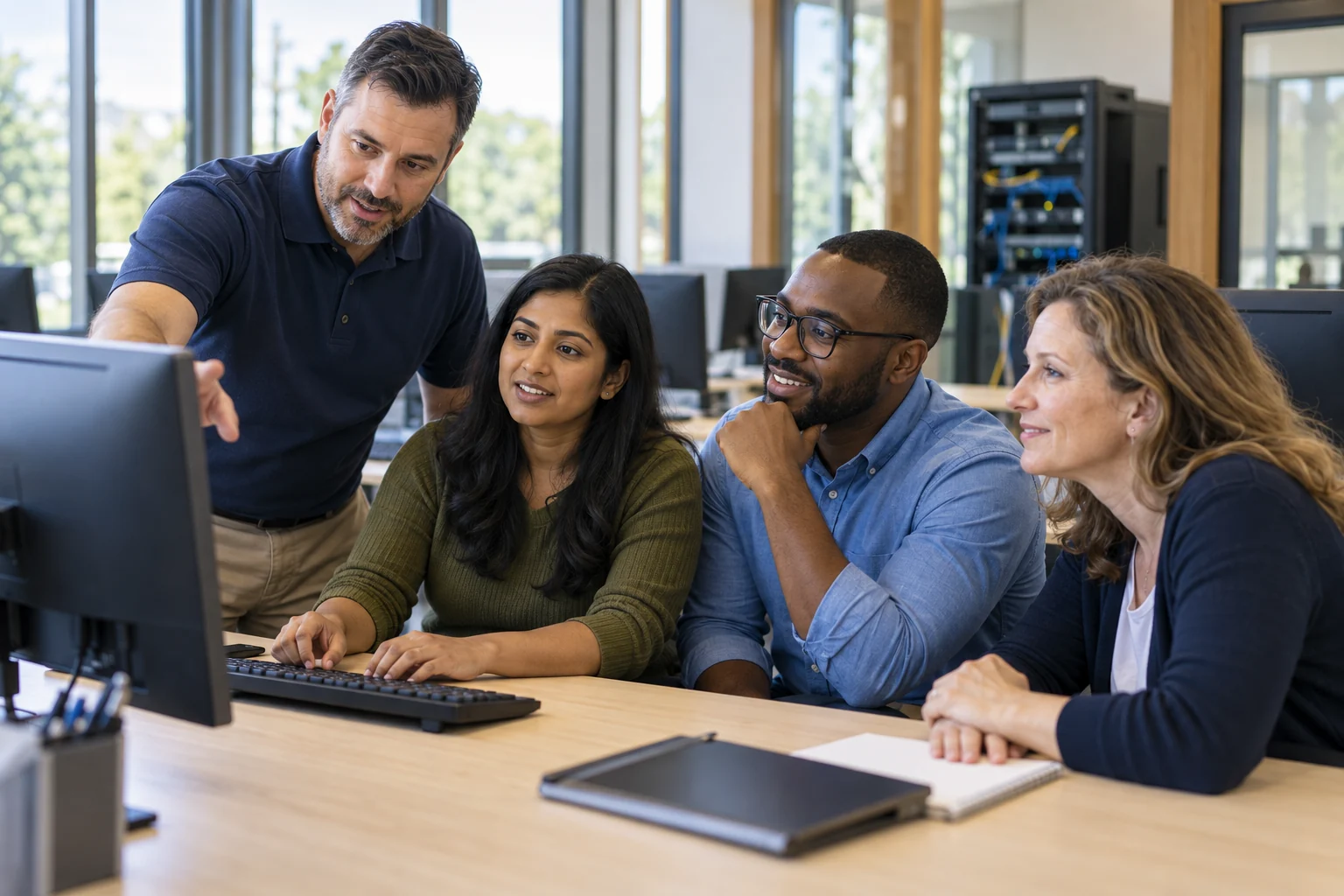 Adult IT trainees learning with an instructor in a modern computer lab with monitors and networking equipment.