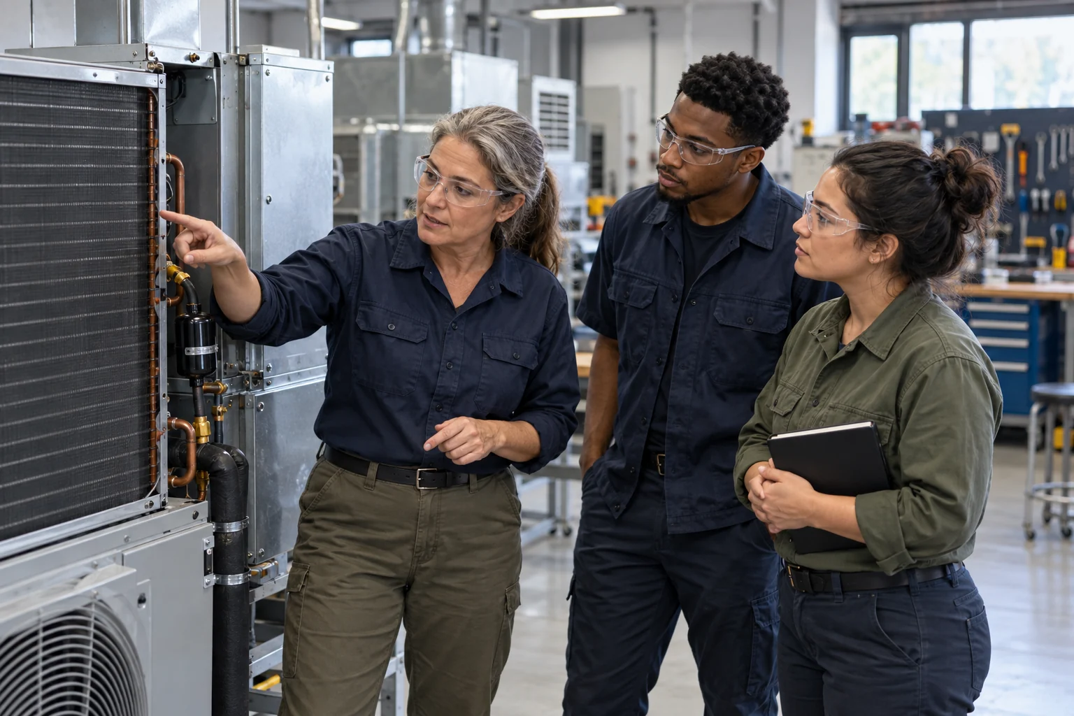 HVAC apprentices and an instructor with safety glasses studying a demonstration unit in a technical workshop.