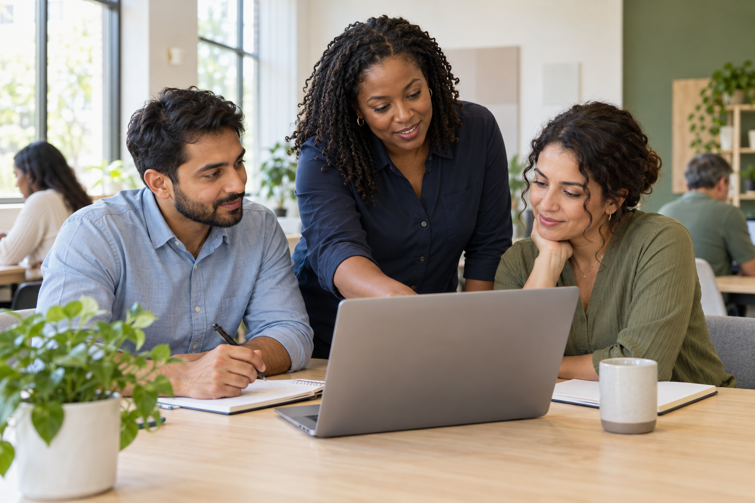 Illustrative image of an instructor helping adult learners in a training classroom